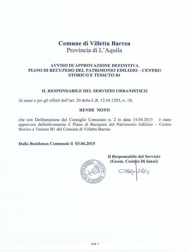 Doc 28 -Comune di Villetta Barrea Approvazione Piano di Recupero del Patrimonio Edilizio Centro Storico. Avviso